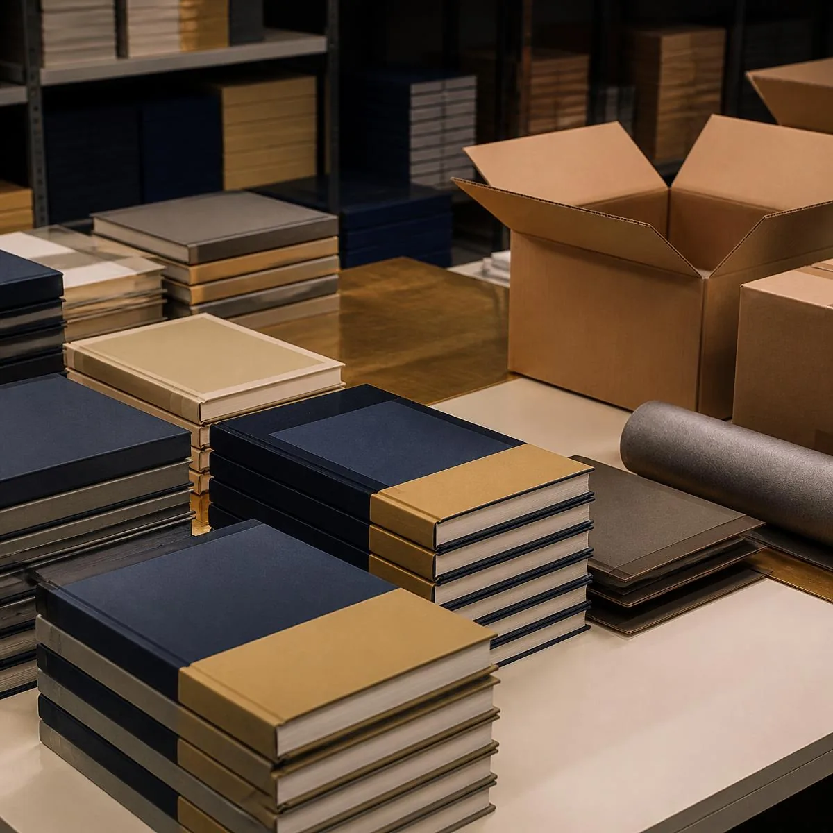 Stacks of finished hardcover books on a worktable beside open shipping cartons, prepared for distribution.